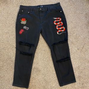 Distressed Black Jeans with Patches